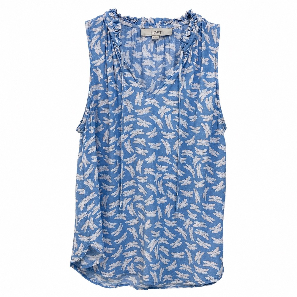Loft Blue Dragonfly Print Sleeveless Ruffle Tie Neck Blouse Top XS 585601